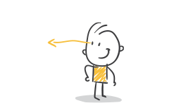 Eine strichmännchenhafte Figur mit einem fröhlichen Gesichtsausdruck in einem gelben Hemd zeigt nach links.